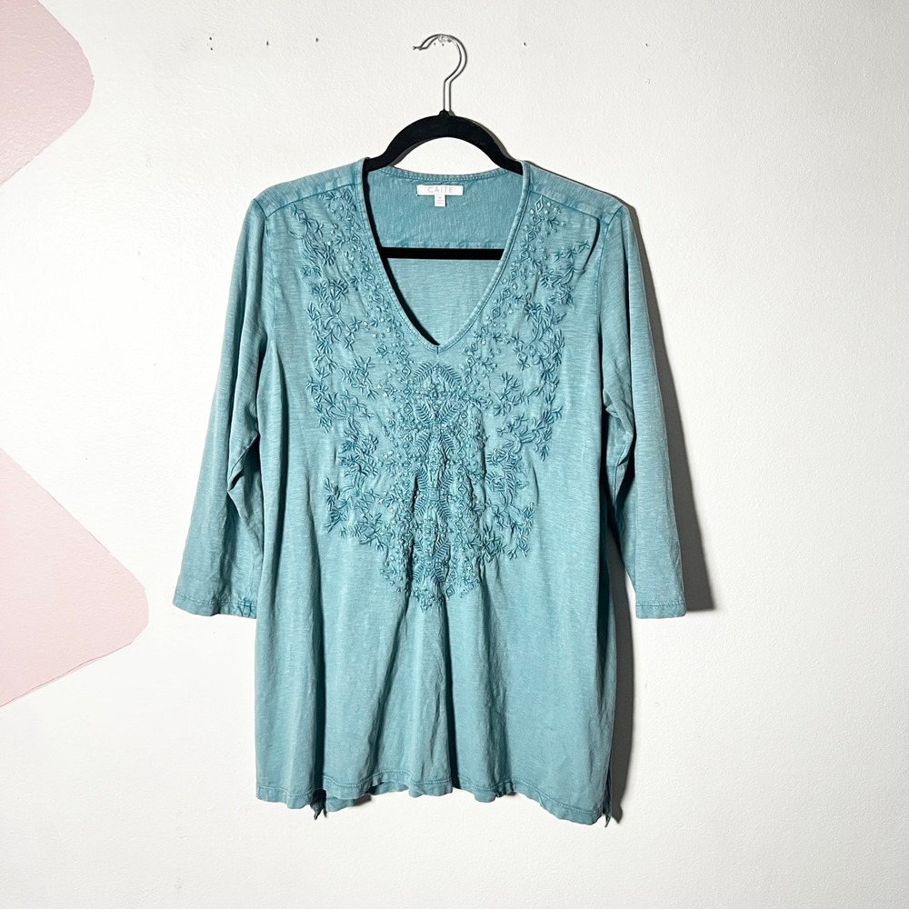 Caite Embroidered Tunic Top Womens Medium Teal Blue 100% Cotton